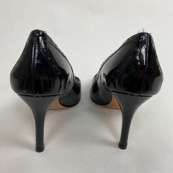 Kate Spade Giselle Oxford Patent Leather Peep Toe Perforated Trim Black Heels - Picture 13 of 16